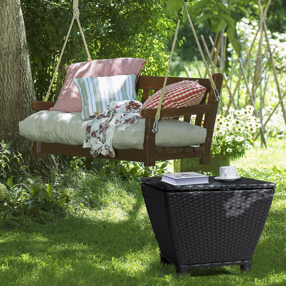 Outvita Black Rattan Outdoor Storage Side Table, 13 Gallon Box with Lid