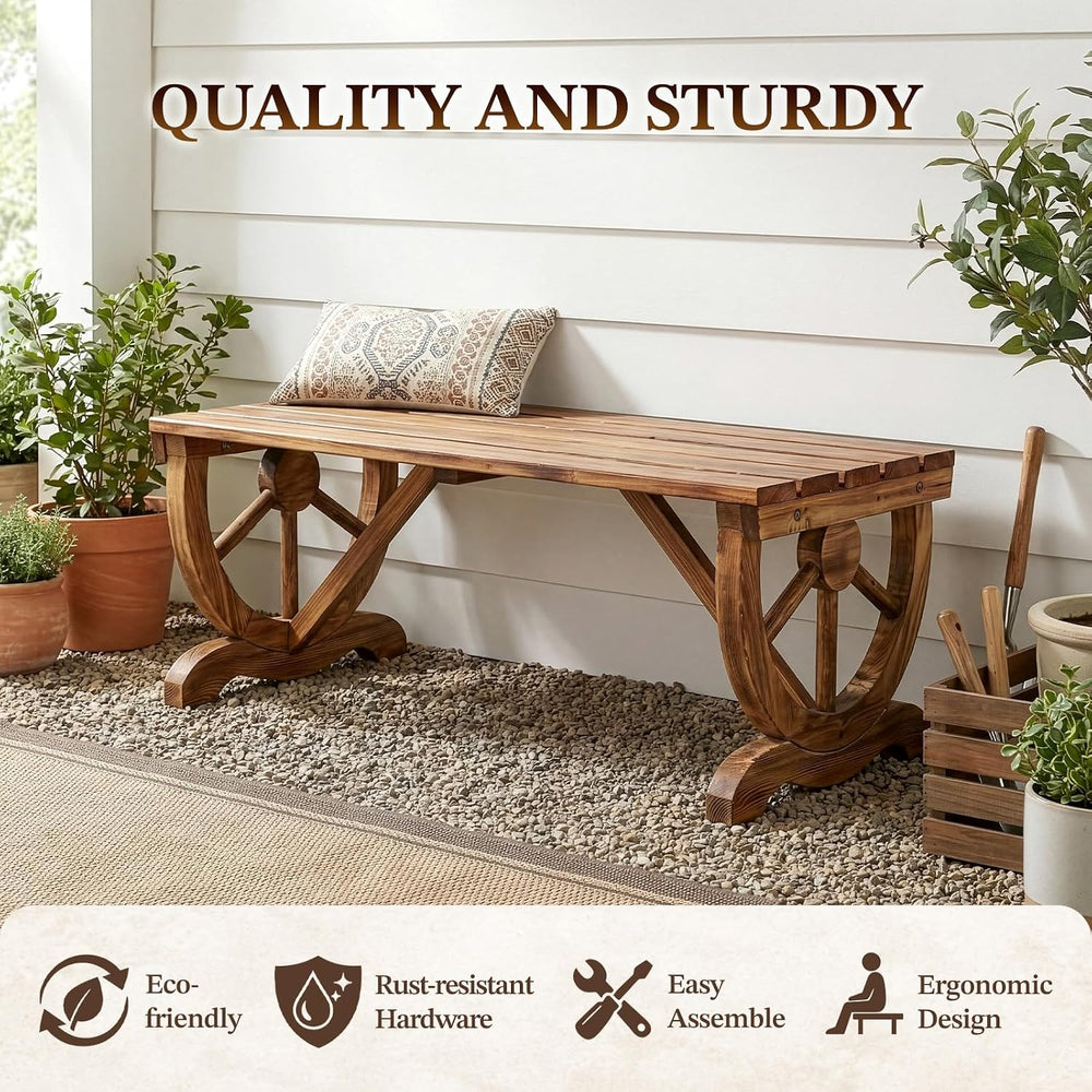 Outvita 39'' Outdoor Wooden Bench, 2-Person Rustic Wagon Wheel Bench ...