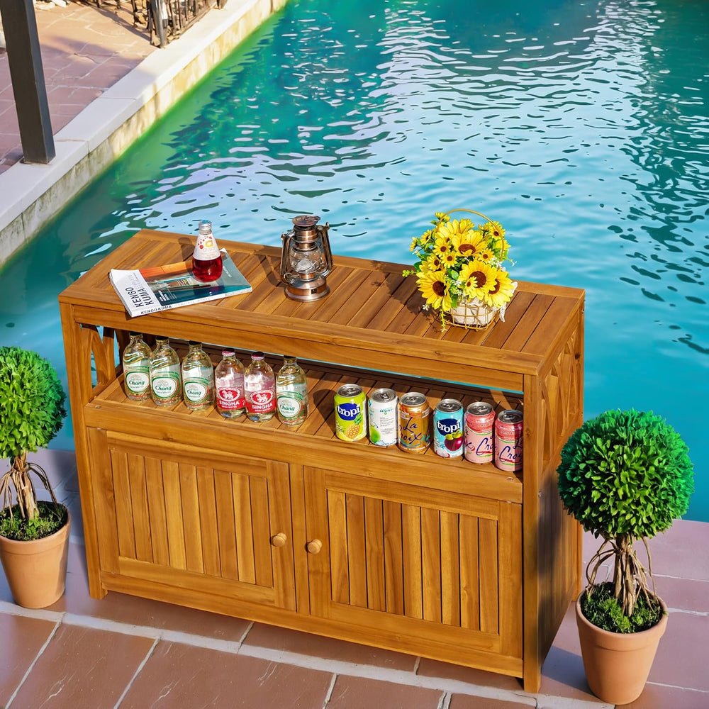 Greesum 2-Tier Outdoor Storage Cabinet in Acacia Wood, with 2 Magnetic Doors,...
