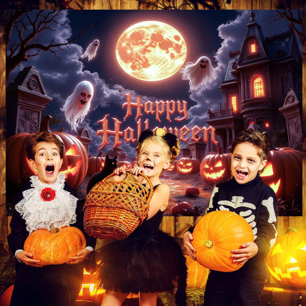 15x10ft Halloween Backdrops for Photoshoot Spooky Golden Full Moon Pumpkin Gh...