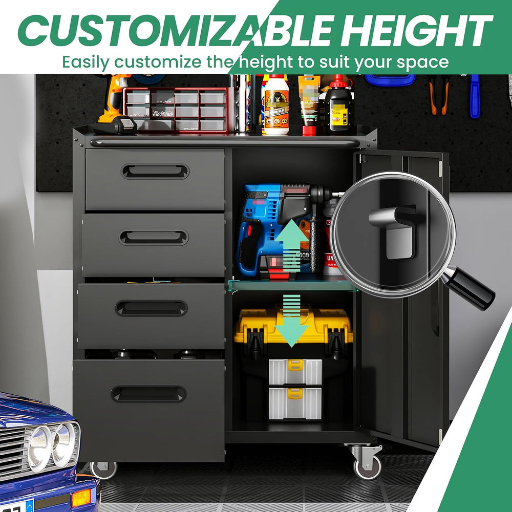 Garage Cabinets,Metal Garage Storage Cabinet with Wheels,Black Lockable Rolli...