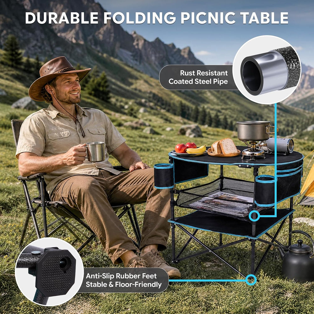 FUNDANGO Foldable Camping Table, 3-Tier Removable Mesh Shelf, 4 Cup Holders