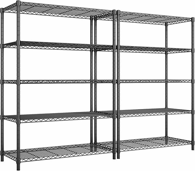 5 Tier Storage Shelves 71"H Wire Shelving Adjustable Metal Shelving,1000LBS Pantry Shelves Sturdy Steel Wire Shelf for Kitchen School Pantry Garage Warehouse ,71"H X35.5"W X13.8"D, Black,2P (2PCS)
