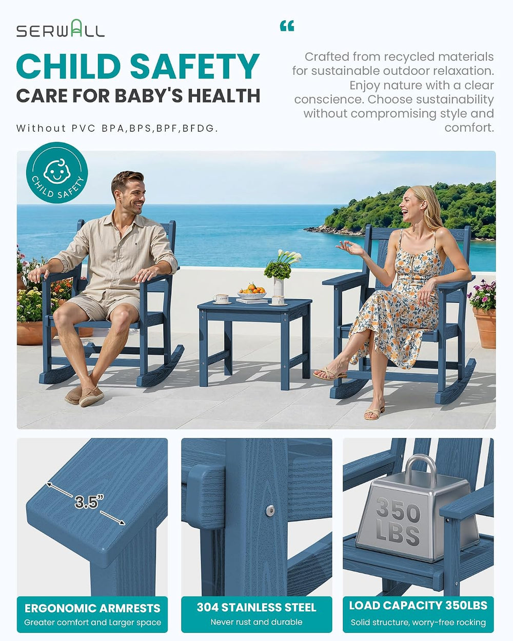 SERWALL 3-Piece Patio Furniture Set with 2 Rocking Chairs & Table, Blue