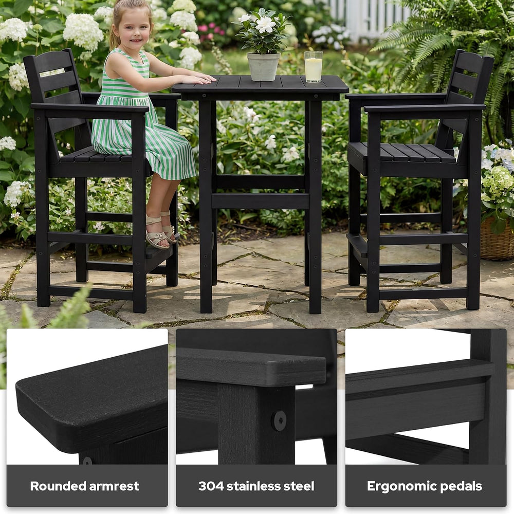 3-Piece Outdoor Bistro Bar Set, HDPE Bar Height Table & Chairs, Black