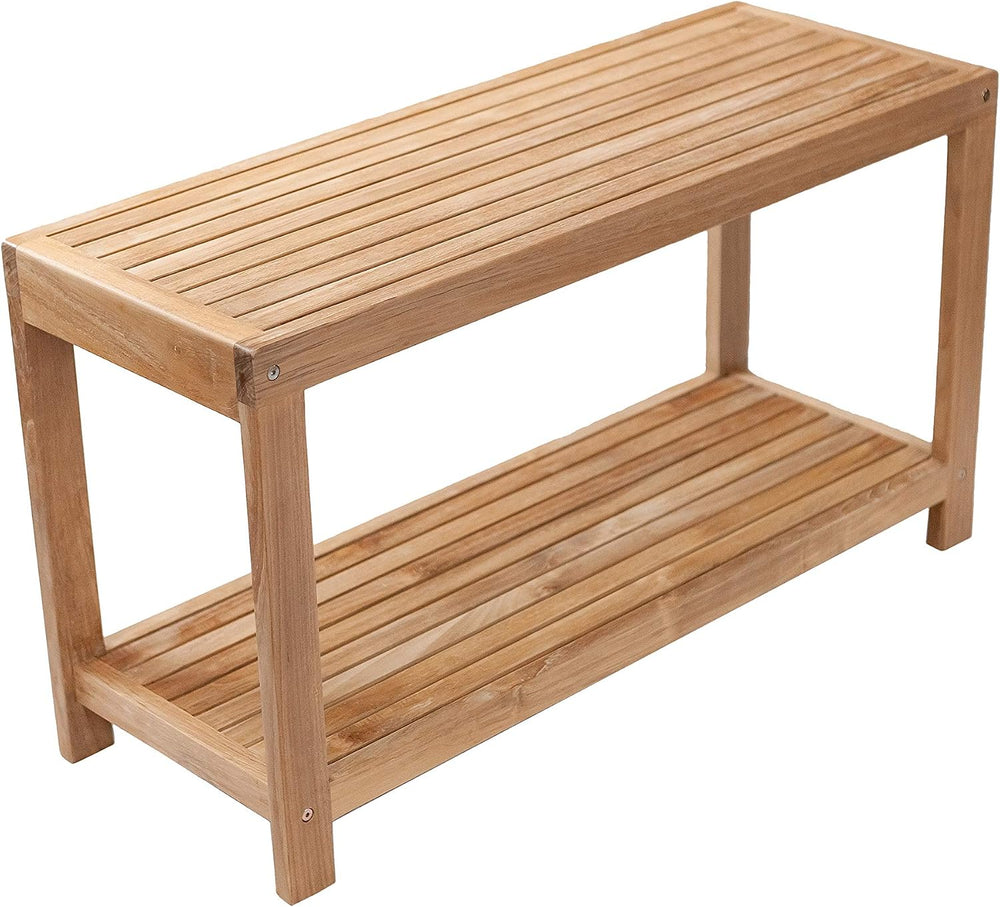 Wood Shower Stool and Spa Bench with Shelf, Teak Shower Bench for Indoor and ...