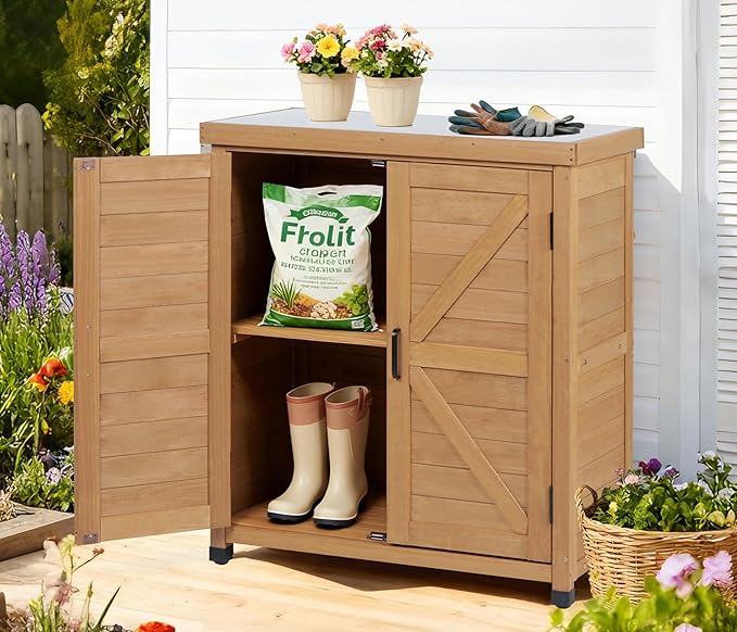 Outdoor Potting Bench with Storage Cabinet and Metal Top, Wood Workstation fo...
