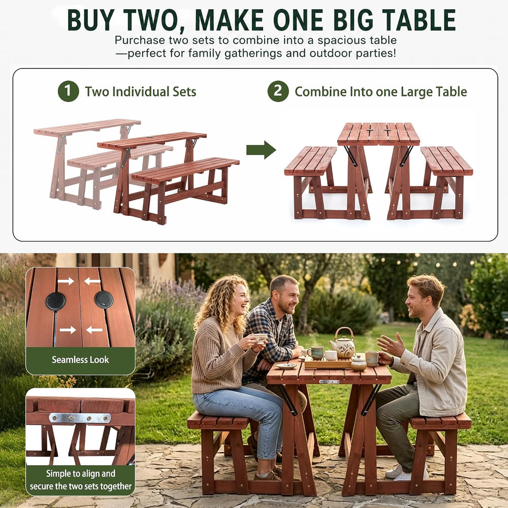 2-IN-1 Convert A Bench Picnic Table Wood Bench to Table With Umbrella Hole