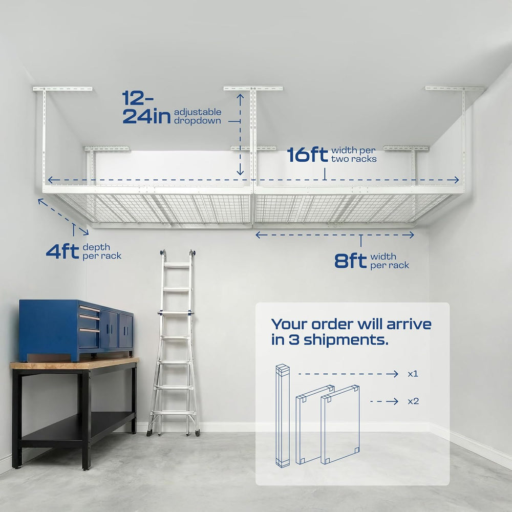 MonsterRax 2-Pack 4x8 Overhead Garage Storage Rack, White, 12"-24" ...