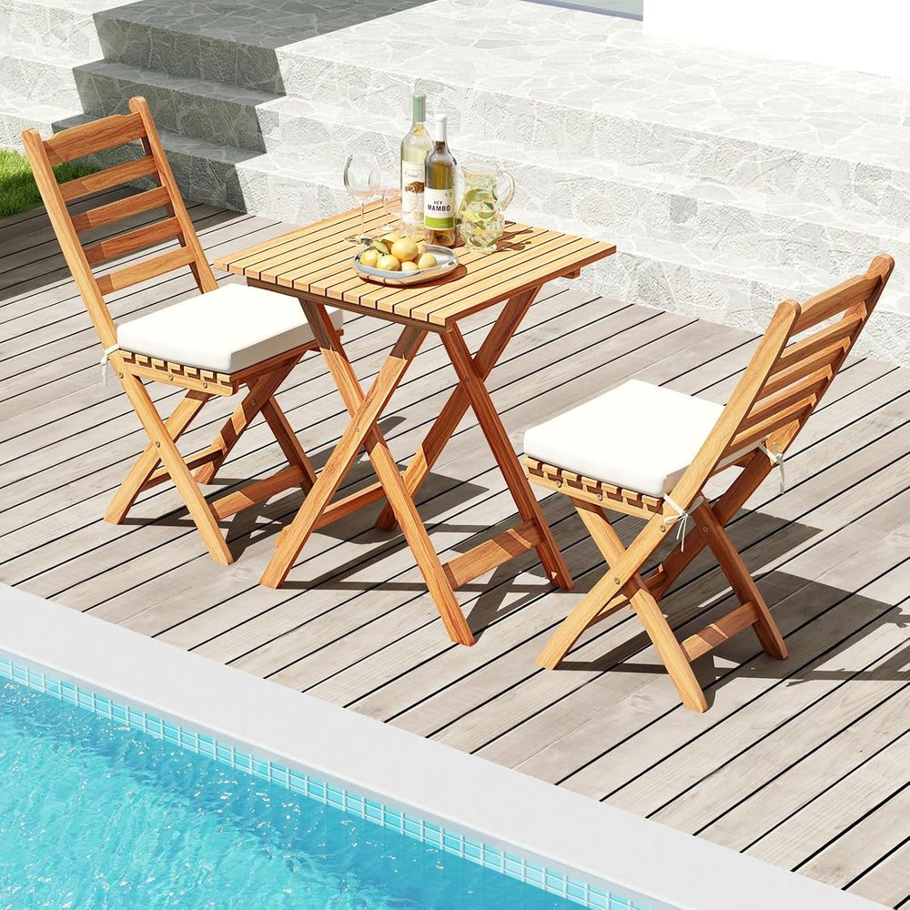 Tangkula Outdoor Wood Bistro Set, Folding Chair Table Set w/Soft Seat Cushion...