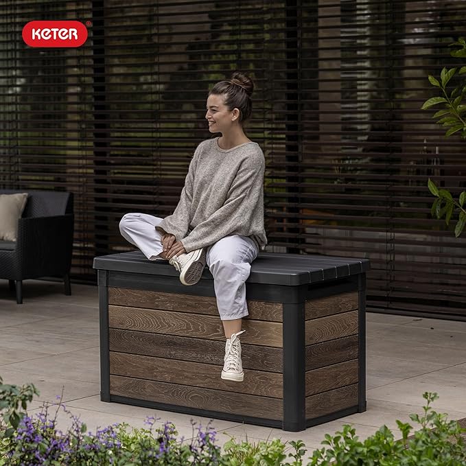 Keter Walnut 100 Gallon Resin Deck Box-Organization and Storage for Patio Fur...