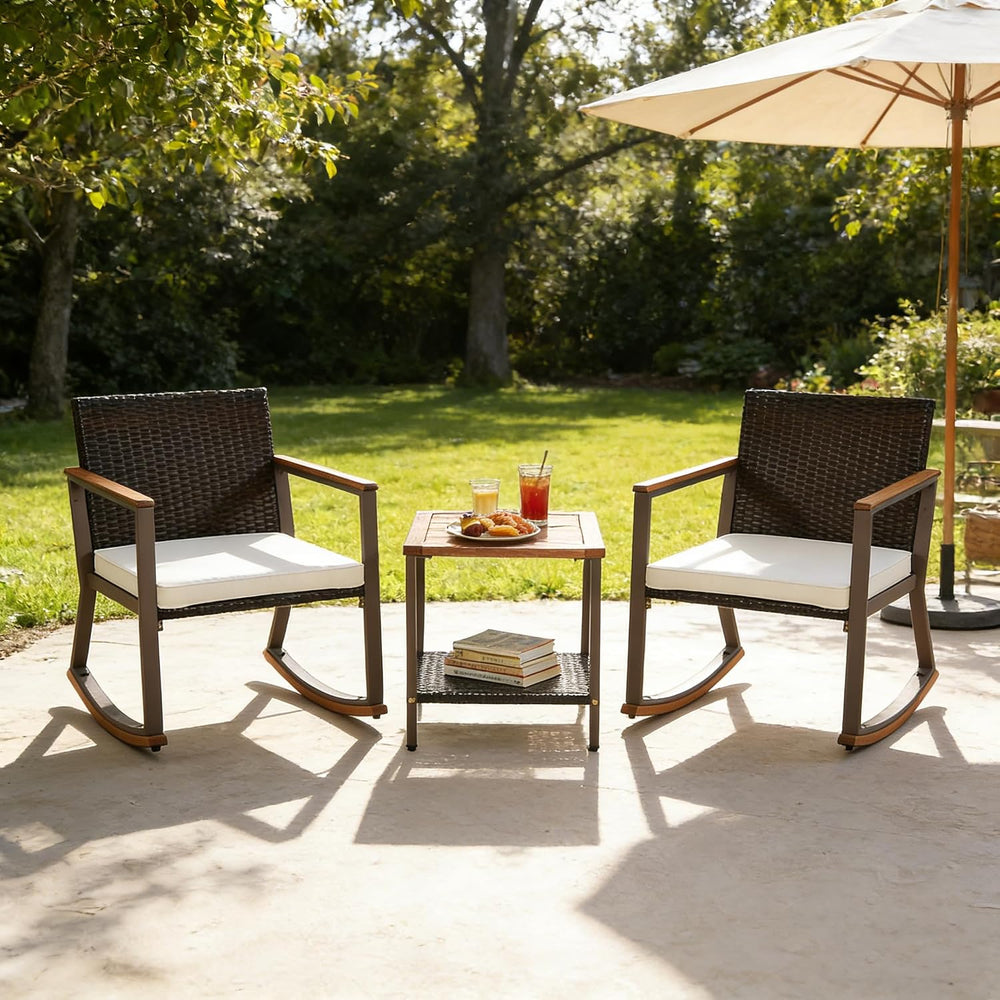 COSTWAY 3 Pieces Patio Rocking Bistro Set, Outdoor Wicker Acacia Wood Sets