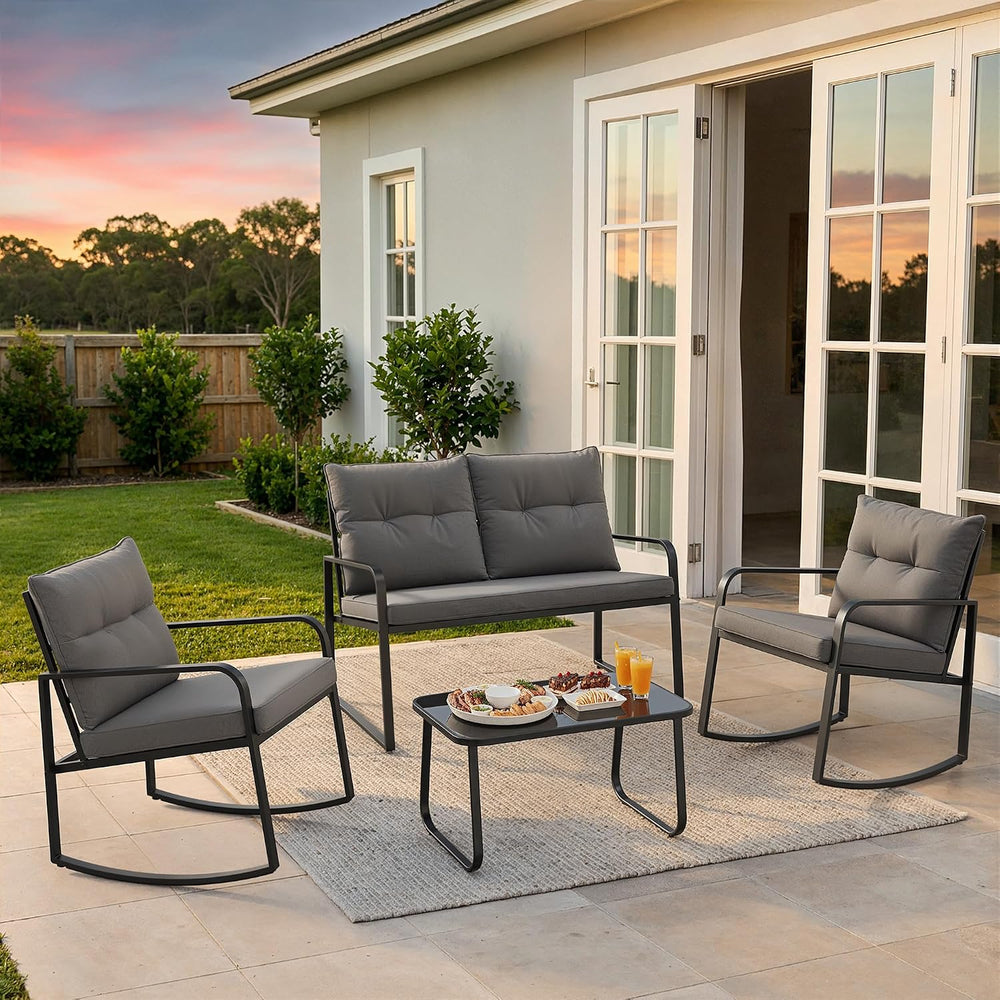 Gizoon 4 Piece Outdoor Rocking Conversation Set, Cushion-Grey