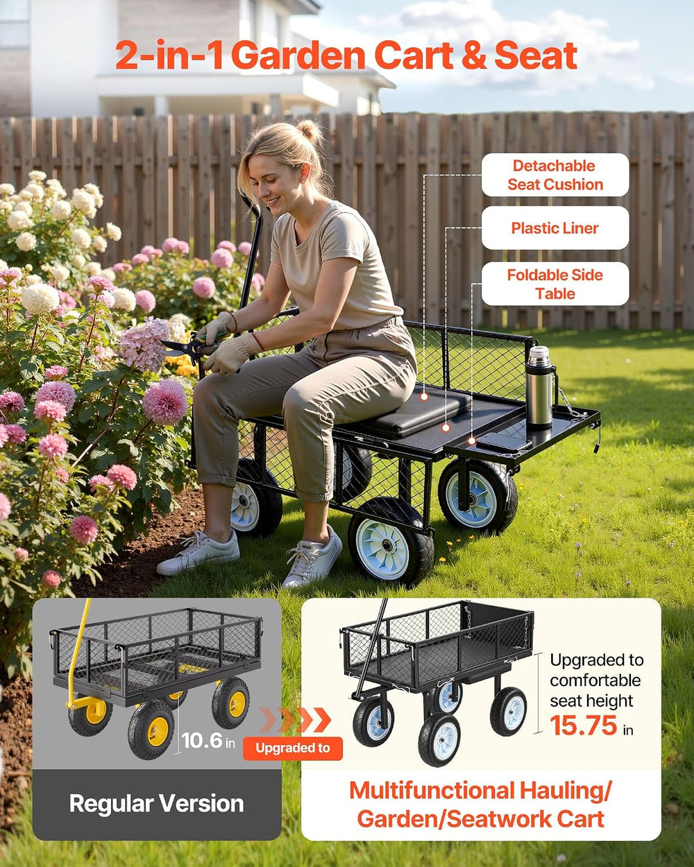 VEVOR 500 LBS Steel Garden Cart with Work Seat, Heavy Duty Garden Wagon Cart ...