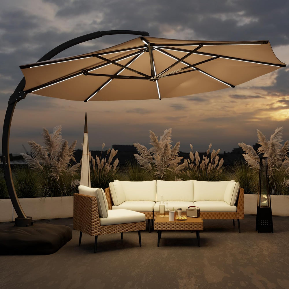 11FT Solar Powered LED Light Cantilever Patio Umbrella with Base Included, La...