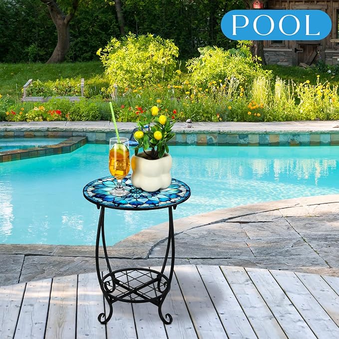Outdoor Side Table Round Small Mosaic Patio Accent Indoor End Plant Coffee Te...