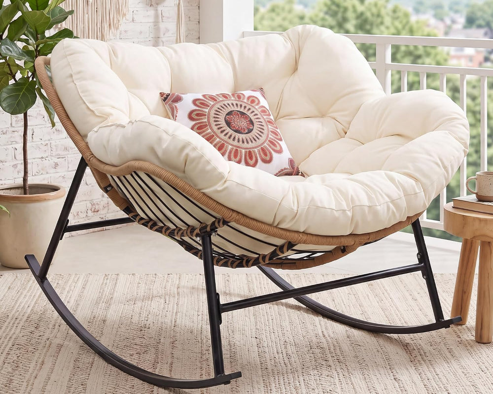 FINCATI Outdoor Indoor Papasan Rocking Chair, Oversized Rattan Lounge Chair
