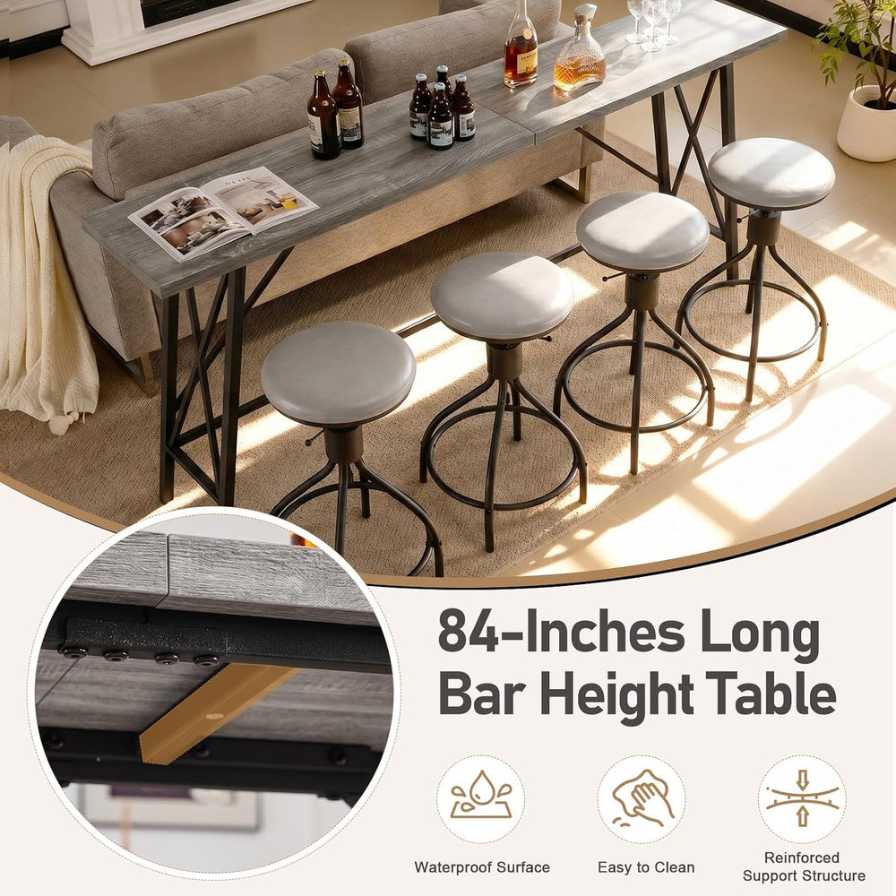 Karl home 83.8" Bar Table and Chairs Set, 4 Adjustable PU Stools, Gray