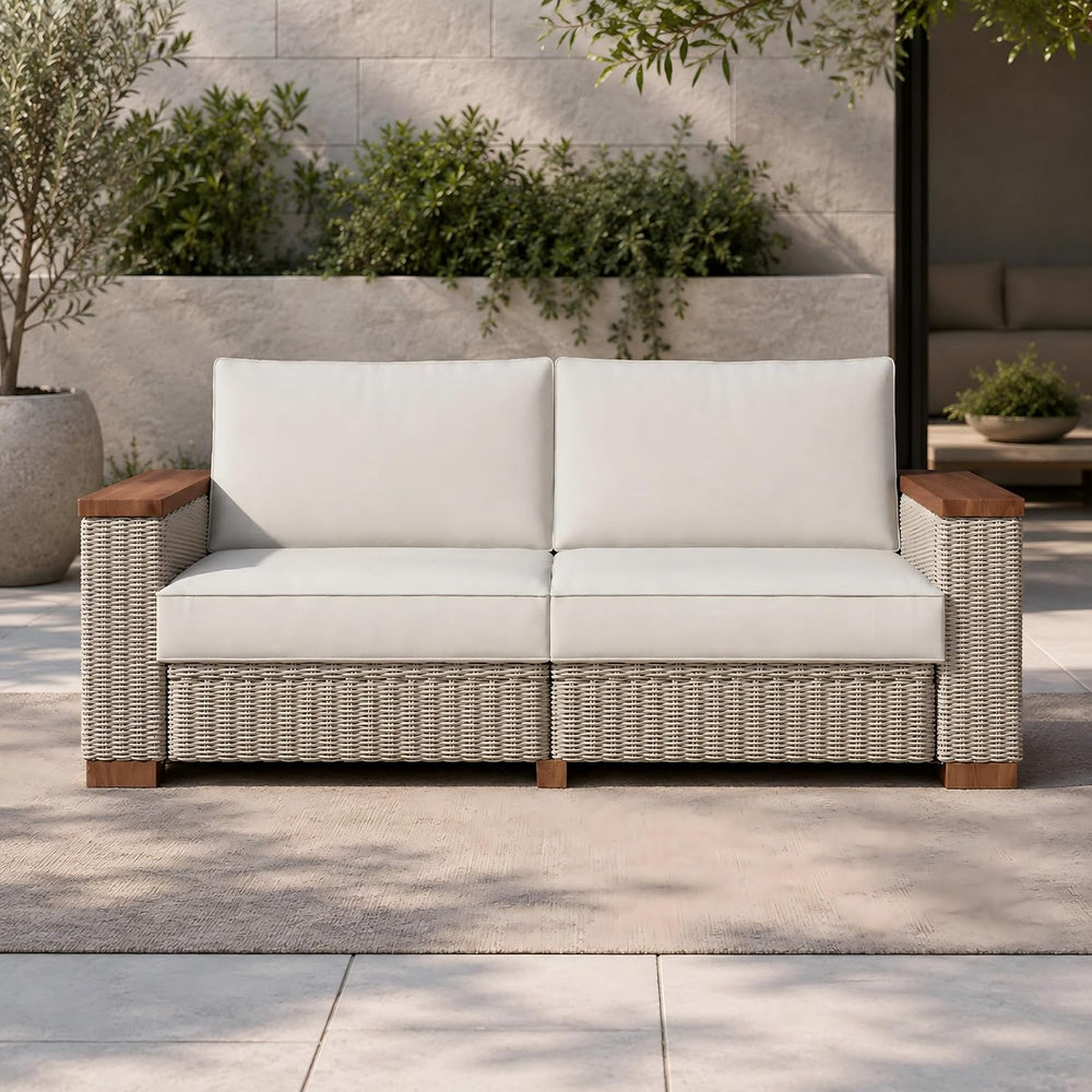 PaPaJet Outdoor Loveseat Patio Sofa, Wicker Couch with Solid Armrests & L...