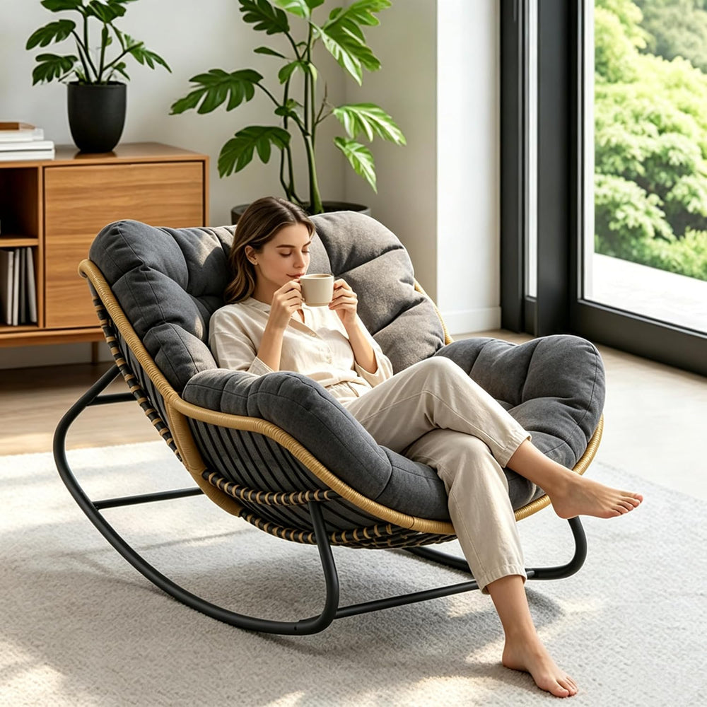 Oversized Papasan Rocking Chair with Extra Thick Cushion, Rattan Wicker Egg C...