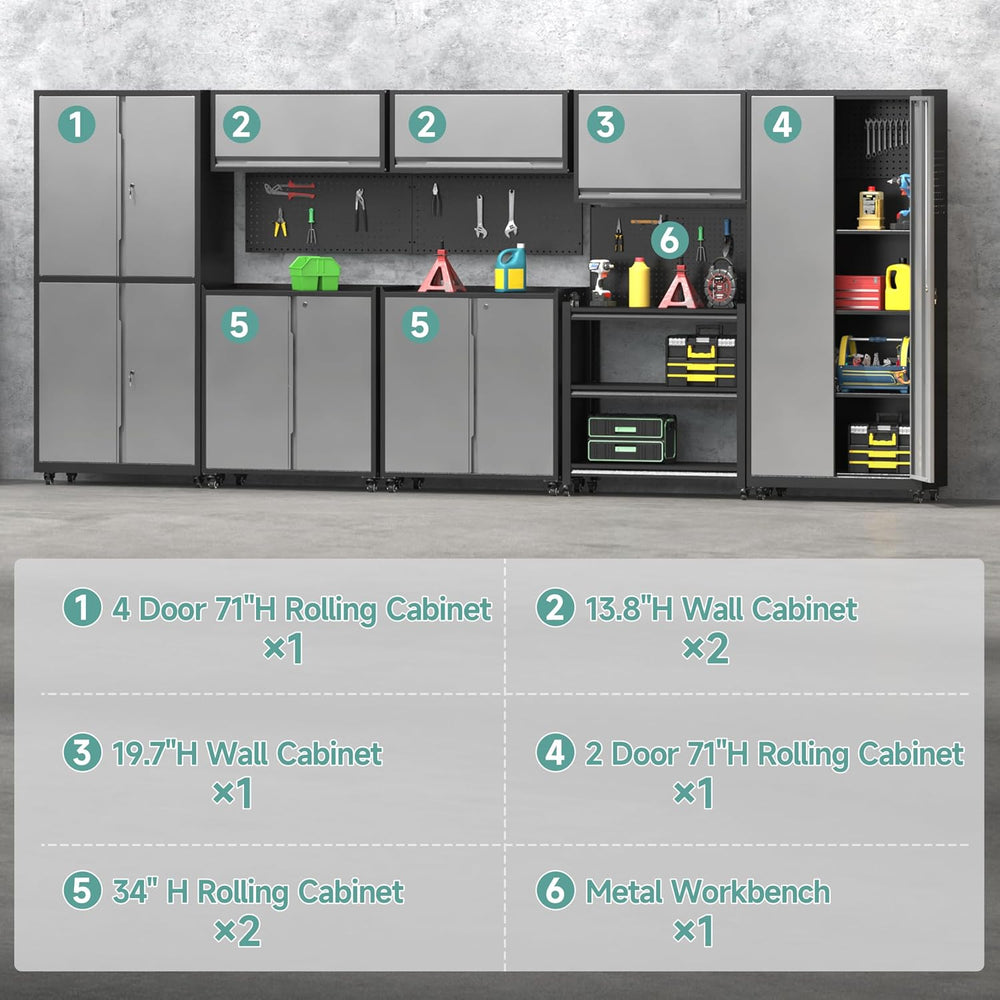 Metal Garage Storage Cabinets System, 8 Piece Workshop Steel Cabinet Set, Rol...