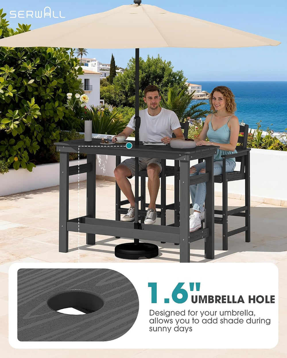 SERWALL Outdoor Bar Set, 2 Adirondack Bar Chairs & Bar Height Table, Grey