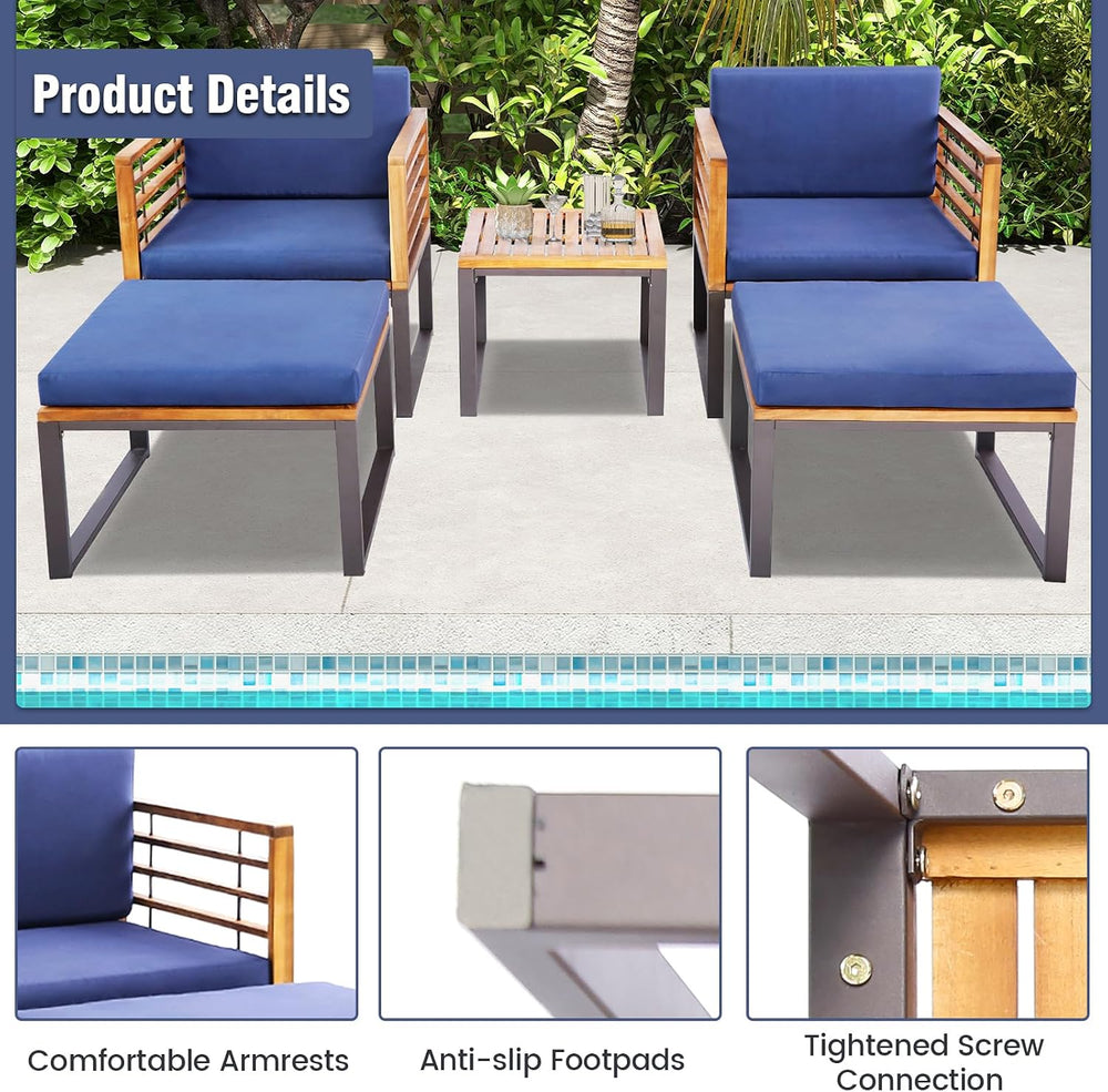 Tangkula 5 Pieces Acacia Wood Patio Furniture Set with Ottomans, Outdoor Conv...
