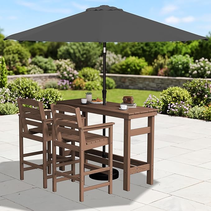 SERWALL Outdoor Bar Set with 9ft Umbrella, All-Weather HDPE Patio Bar Chairs ...