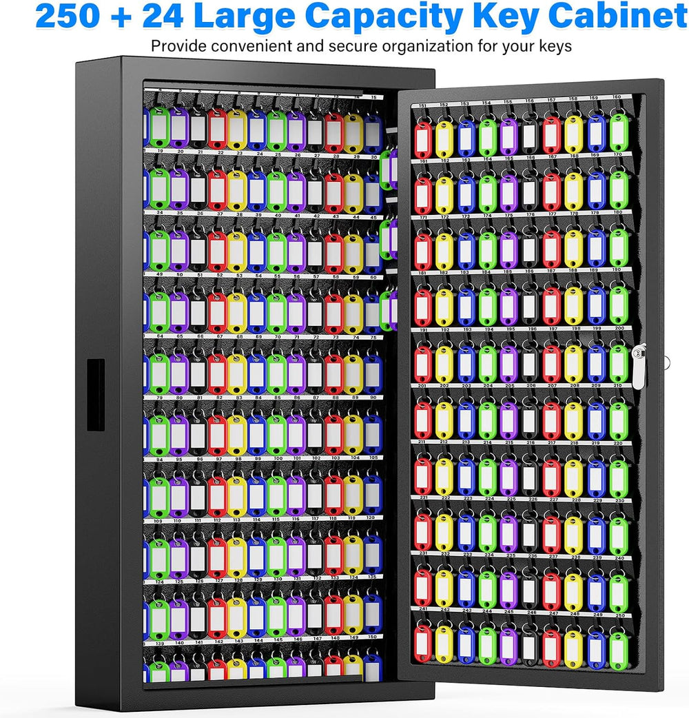 250 Keys Key Lock Box Wall Mount with Additional 24 Side Hooks and Key Tags