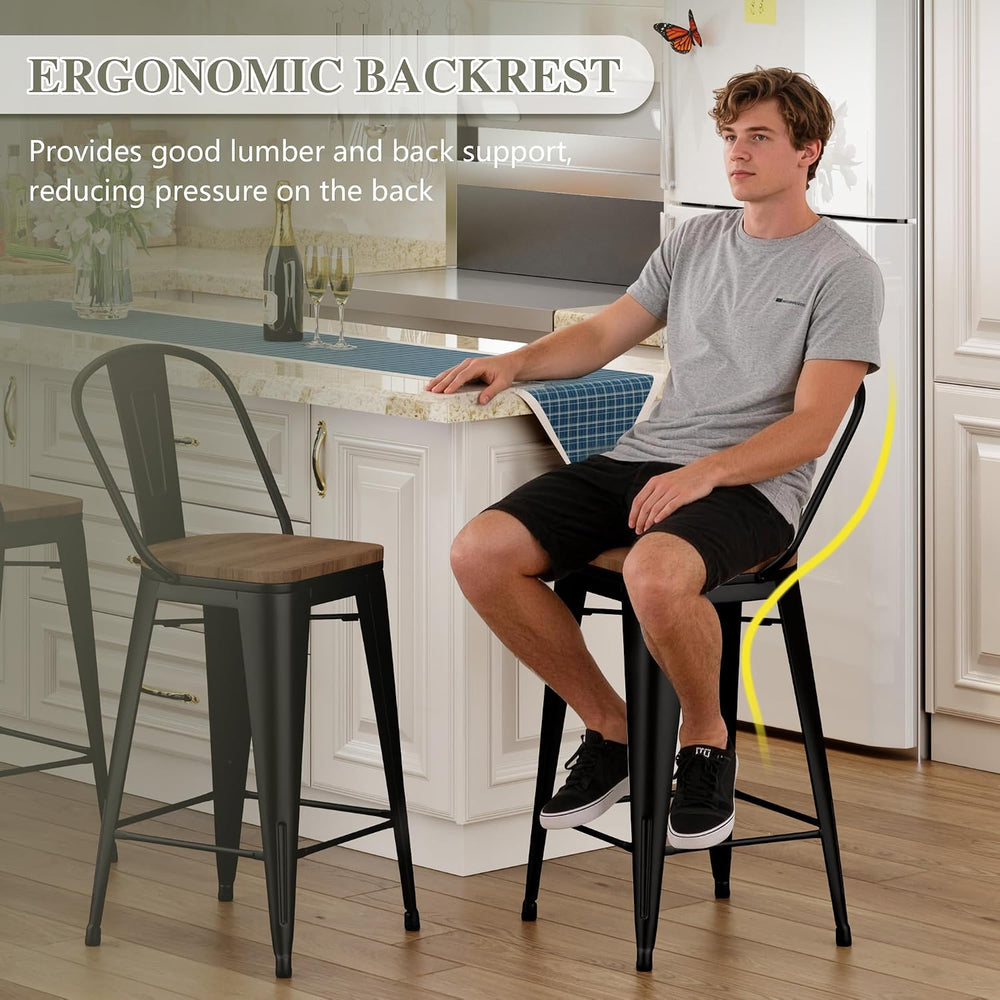 26" Metal Bar Stools Set of 4, Counter Height with Backs, Black