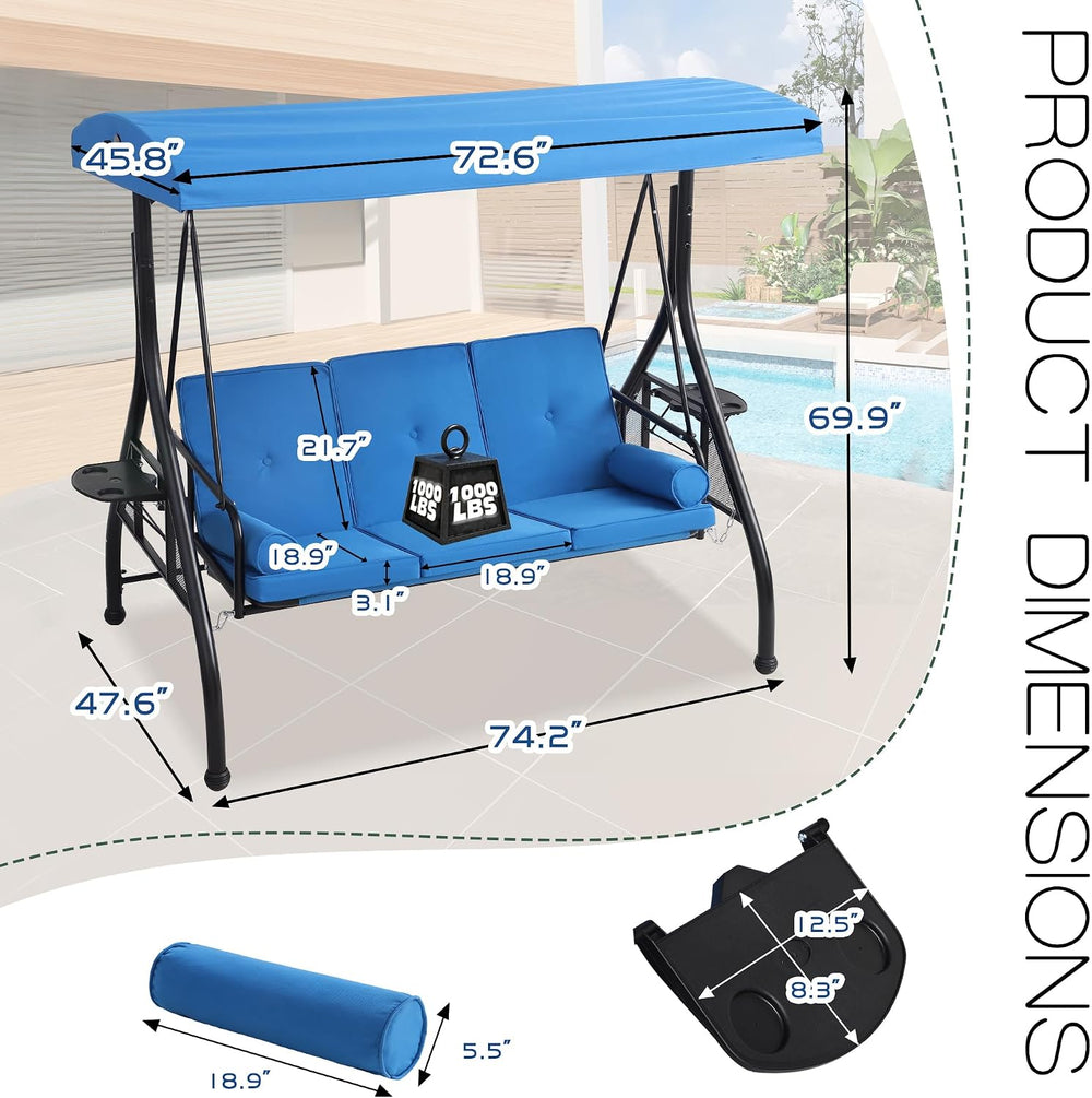 3 Seat Outdoor Patio Swing with Stand, 3-in-1 Porch Swing with Adjustable Can...