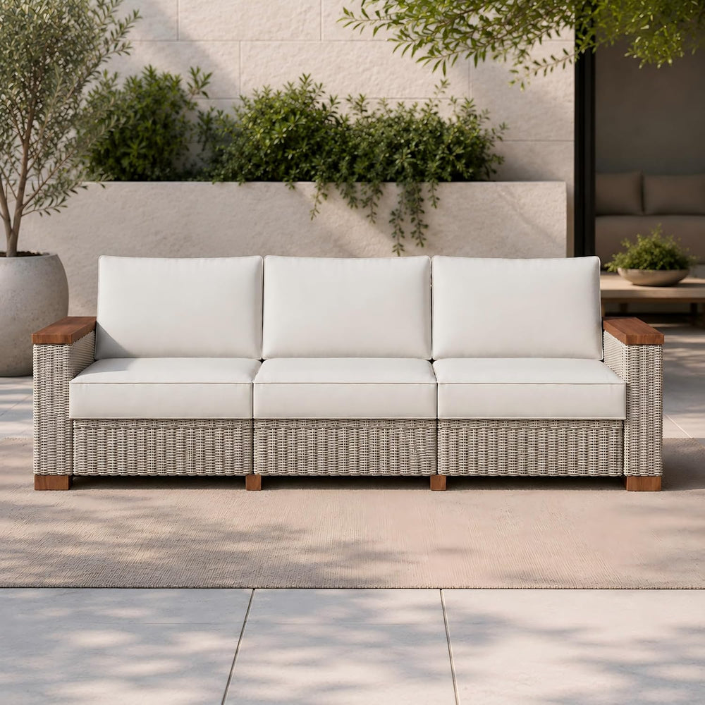 PaPaJet Outdoor Patio Sofa, 3 Seat Wicker Couch with Solid Armrests & Leg...