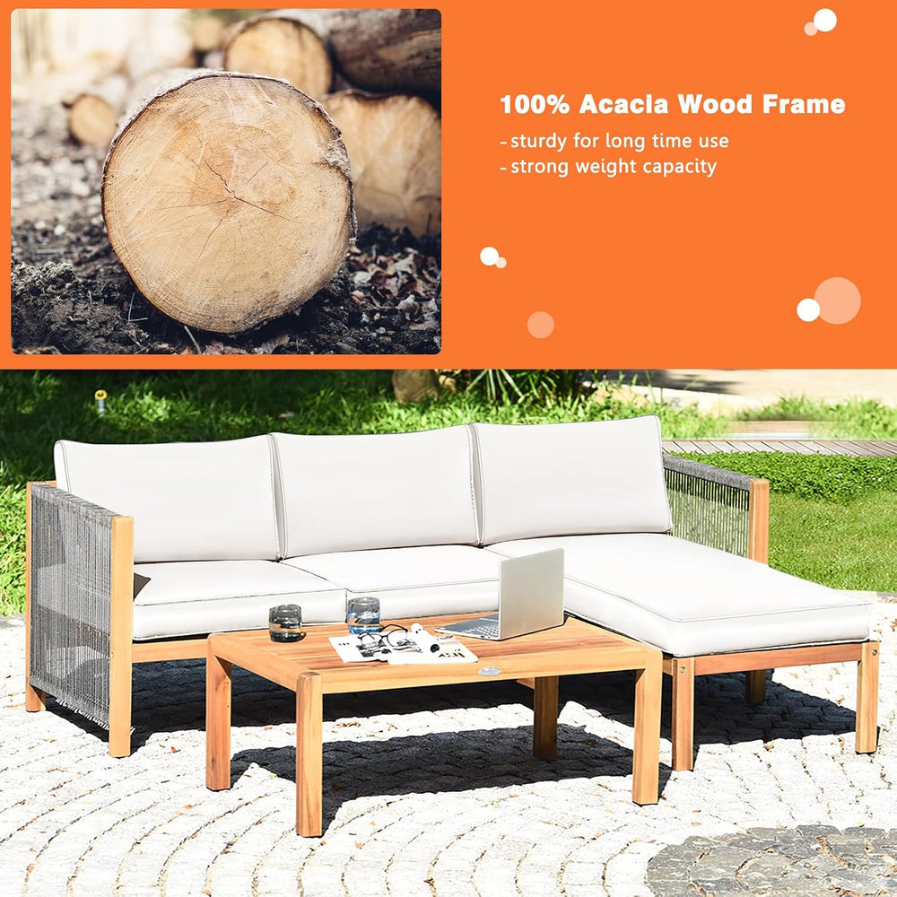 Tangkula L Shape Outdoor Furniture Set, 3 Piece Acacia Wood Patio Conversatio...