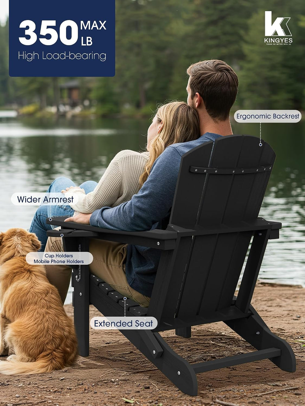KINGYES Folding Adirondack Chair Set of 6 with 2 Cup Holders, Black