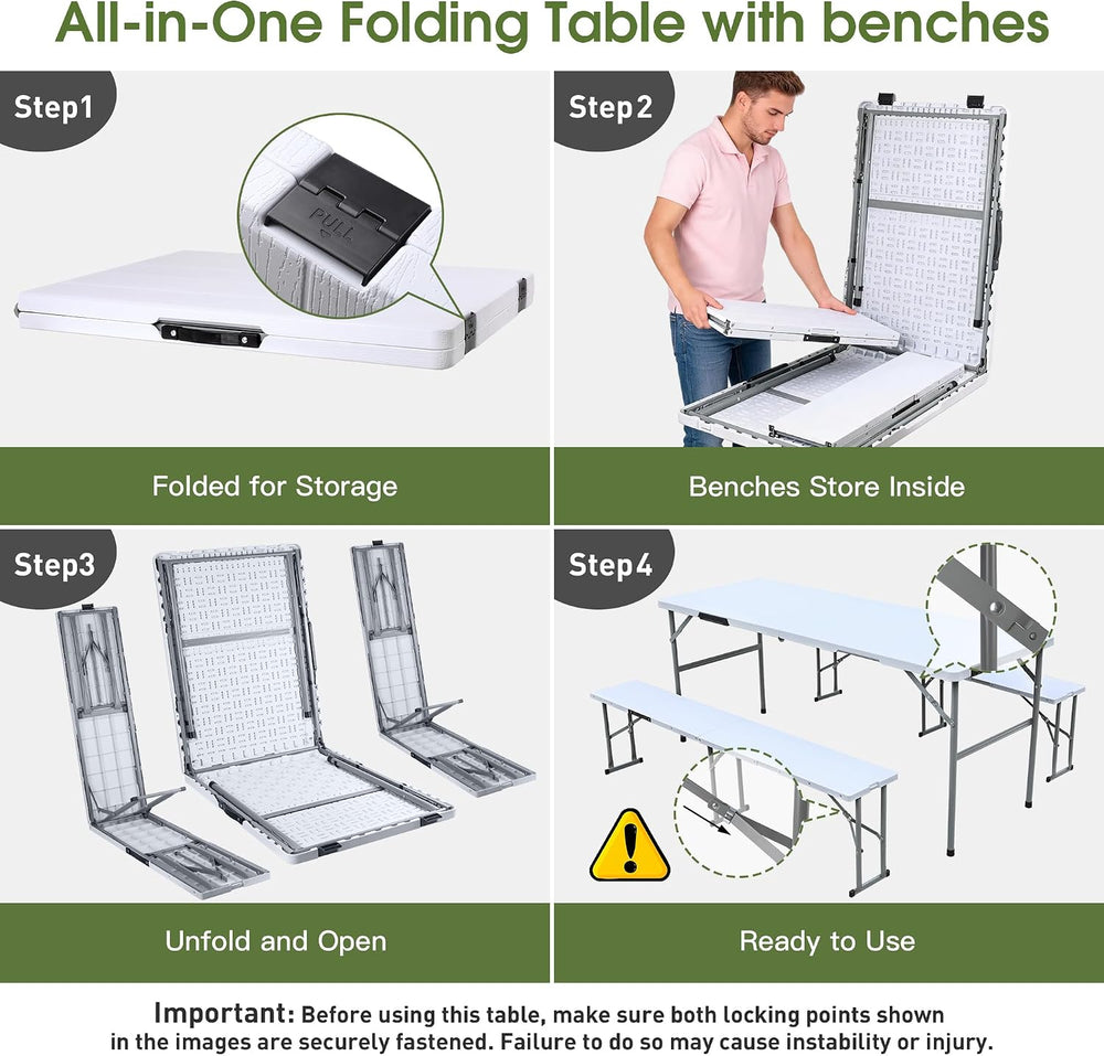 Camping table folding table and chairs foldable picnic table Portable White