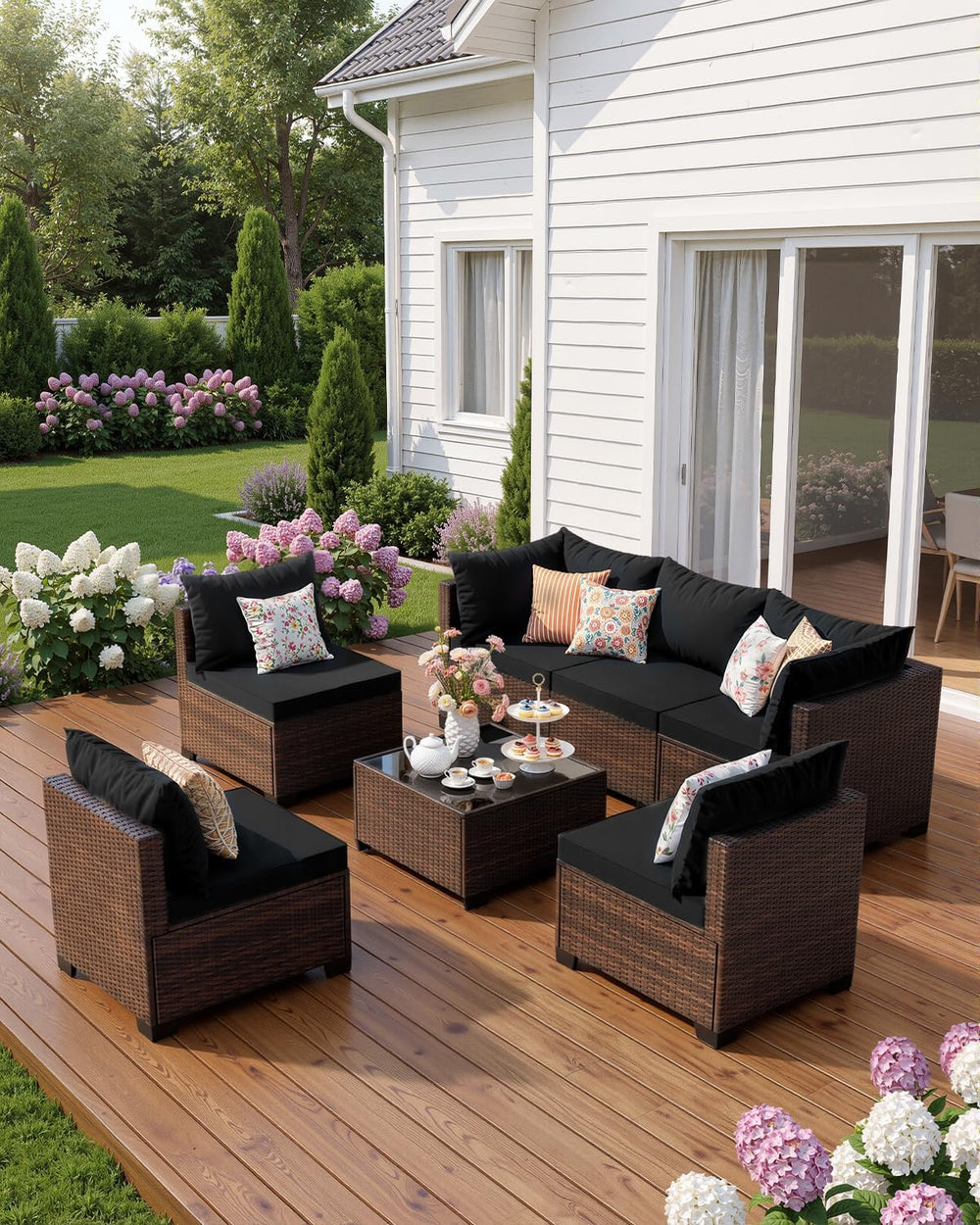 WWR 7 Piece Outdoor Patio Furniture Set, All-Weather Modular PE Wicker Sectio...