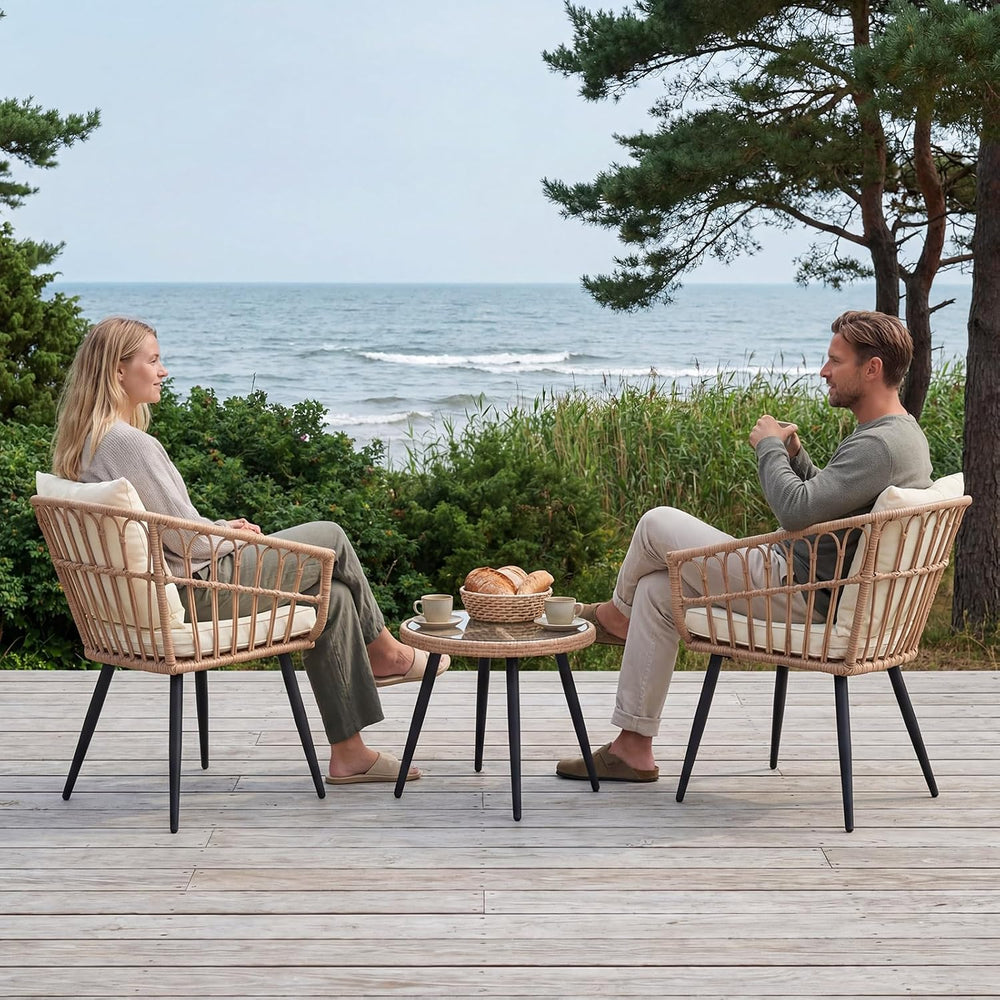 3 Piece Patio Bistro Set, All-Weather Outdoor Rattan Balcony Furniture Set wi...