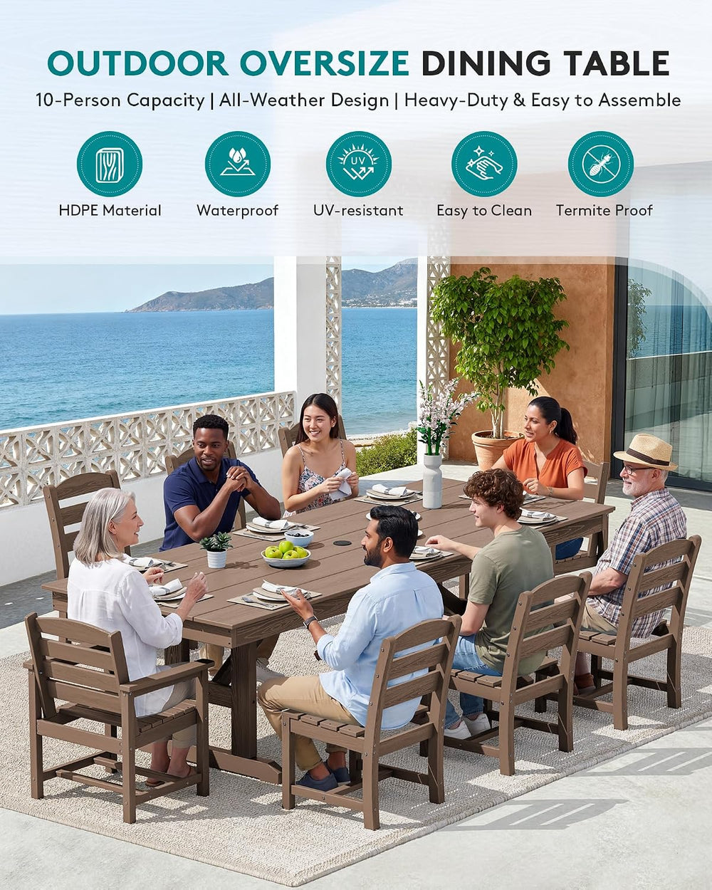 SERWALL 9Pcs HDPE Outdoor Dining Set w/6 Armless, 2 Armchairs for 8,Brown
