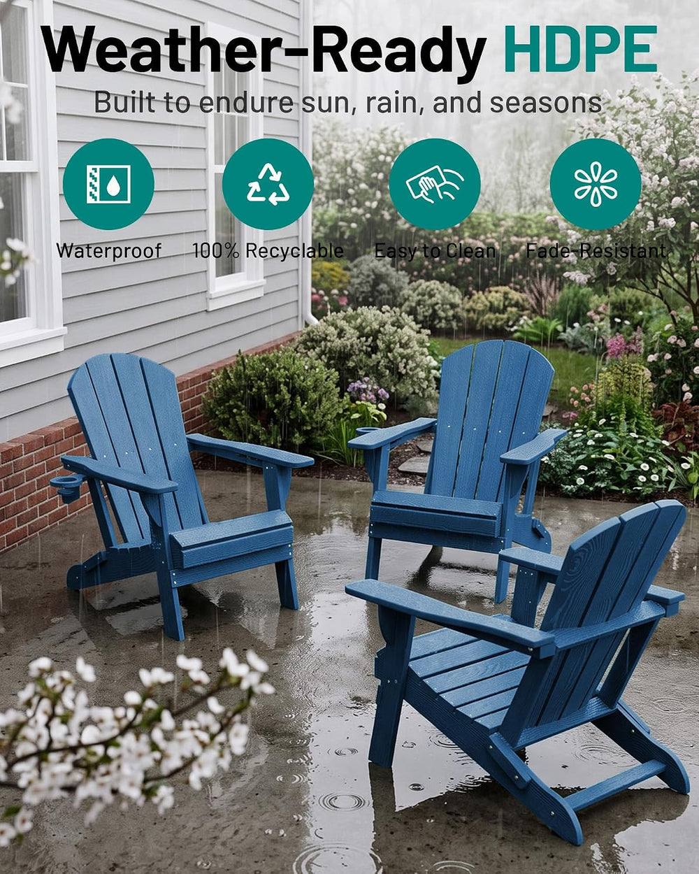 PLUUV Folding Adirondack Fire Pit Chairs Set of 2 with Cup Holders,Navy