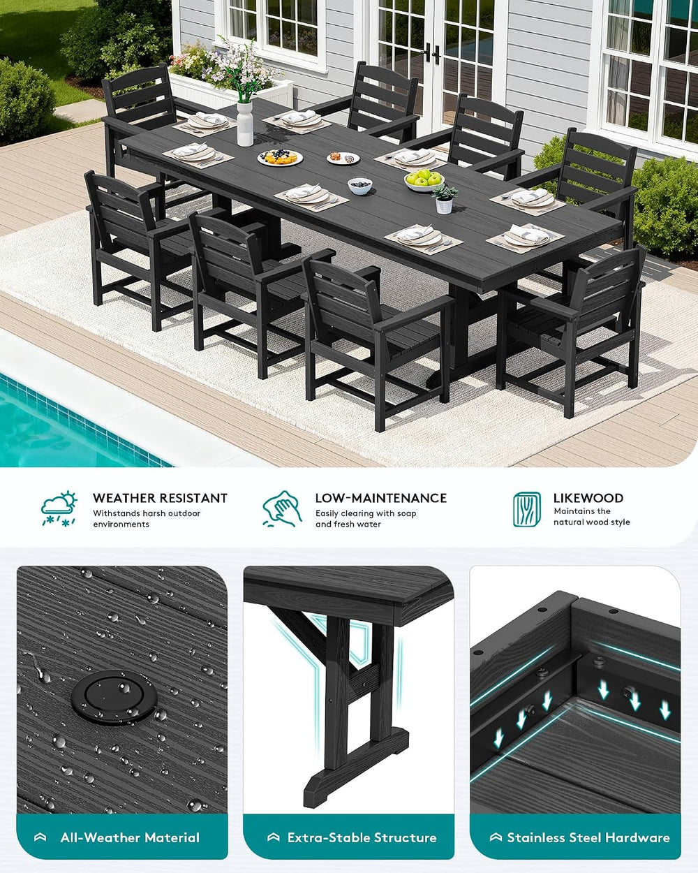SERWALL 9Pcs 84" HDPE Outdoor Dining Set for 8 with Armchairs,Black