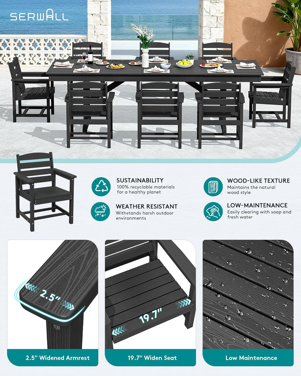 SERWALL 9Pcs 84" HDPE Outdoor Dining Set for 8 with Armchairs,Black