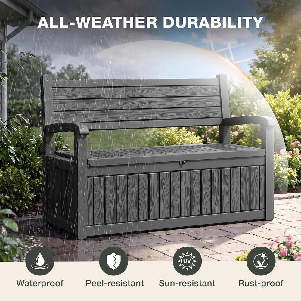 130 Gallon Lockable Deck Box, Black Outdoor Storage Box Bench