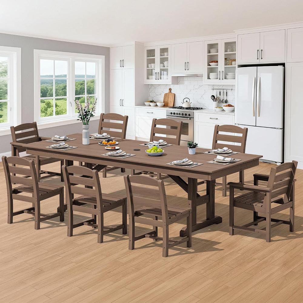 SERWALL 9Pcs HDPE Outdoor Dining Set w/6 Armless, 2 Armchairs for 8,Brown