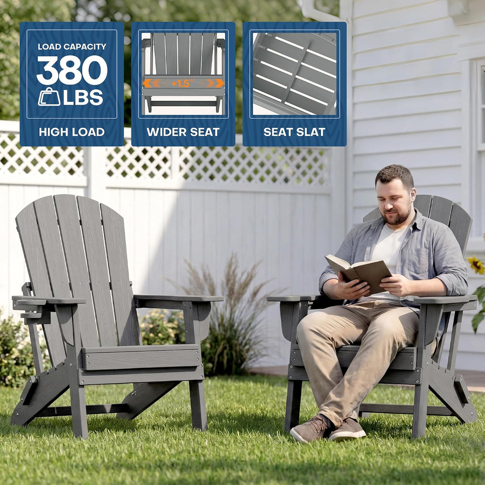 Adirondack Chair Set of 2 with Cup Holders&Table, Grey