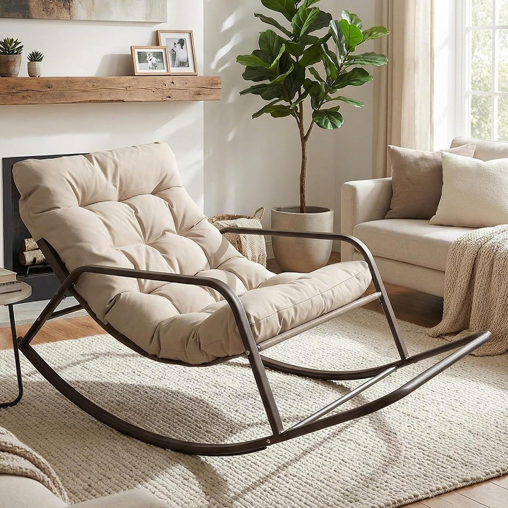 BULEXYARD Outdoor Papasan Rocking Chair with Footrest, Beige