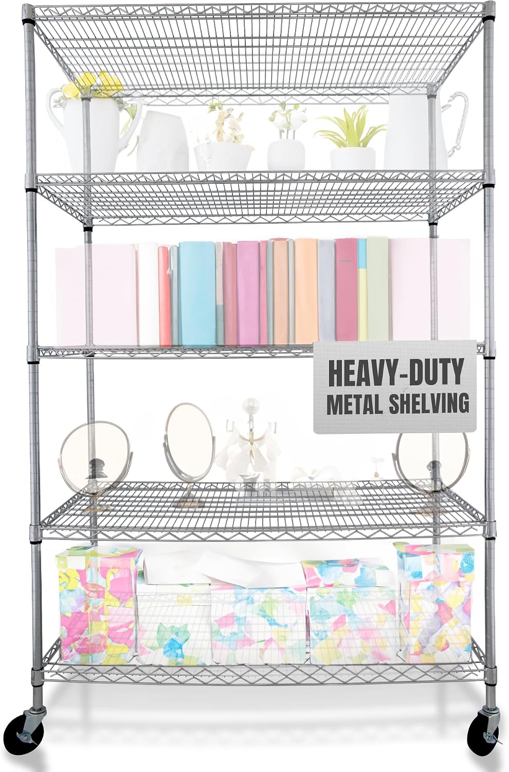 4000 LBS Heavy Duty Wire Rack, 48 x 24 x 76, 5-Tier NSF Commercial Rolling Ra...