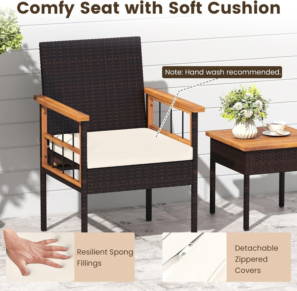 Tangkula 3 Piece Outdoor Wicker Conversation Furniture Set, Patio Rattan Cush...