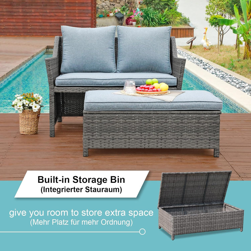 OC Orange-Casual Wicker Patio Loveseat Sofa w/Storage Ottoman, 2 Pcs, Gray