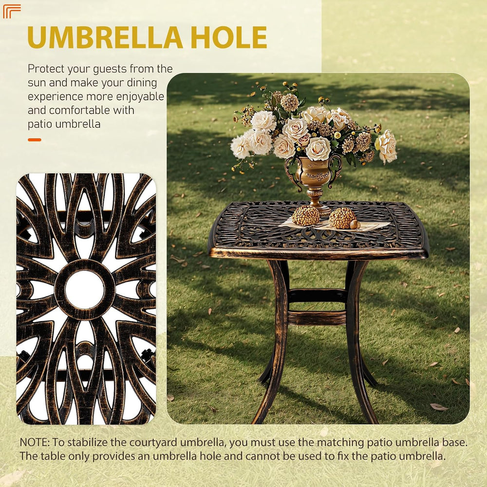 Outvita Square Cast Aluminum Bistro Table, 21in, with Umbrella Hole