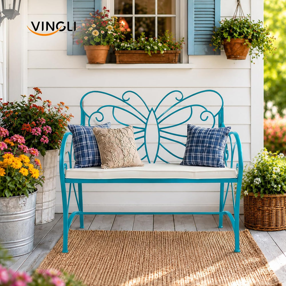 VINGLI 38.7in Cast Iron Outdoor Bench with Cushion, All Weather Resistant Met...